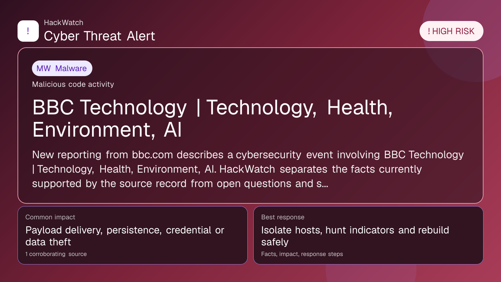 BBC Technology | Technology, Health, Environment, AI - HackWatch malware alert image