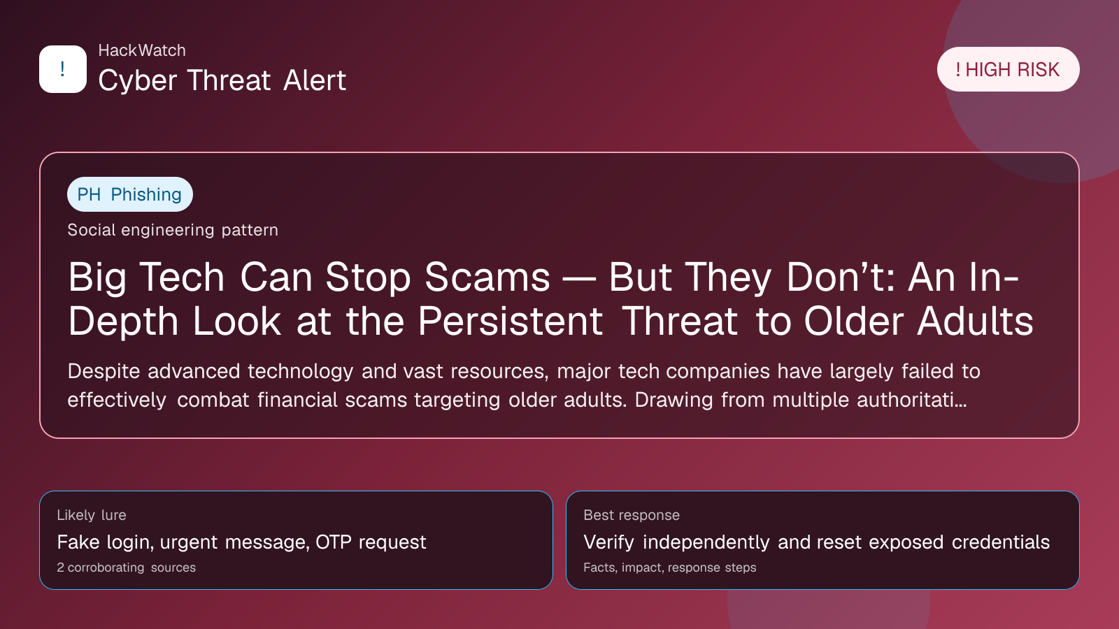 Big Tech Can Stop Scams — But They Don’t: An In-Depth Look at the Persistent Threat to Older Adults - HackWatch phishing alert image