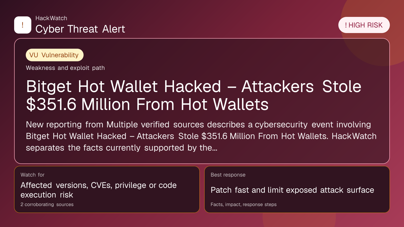 Bitget Hot Wallet Hacked – Attackers Stole $351.6 Million From Hot Wallets - HackWatch vulnerability alert image