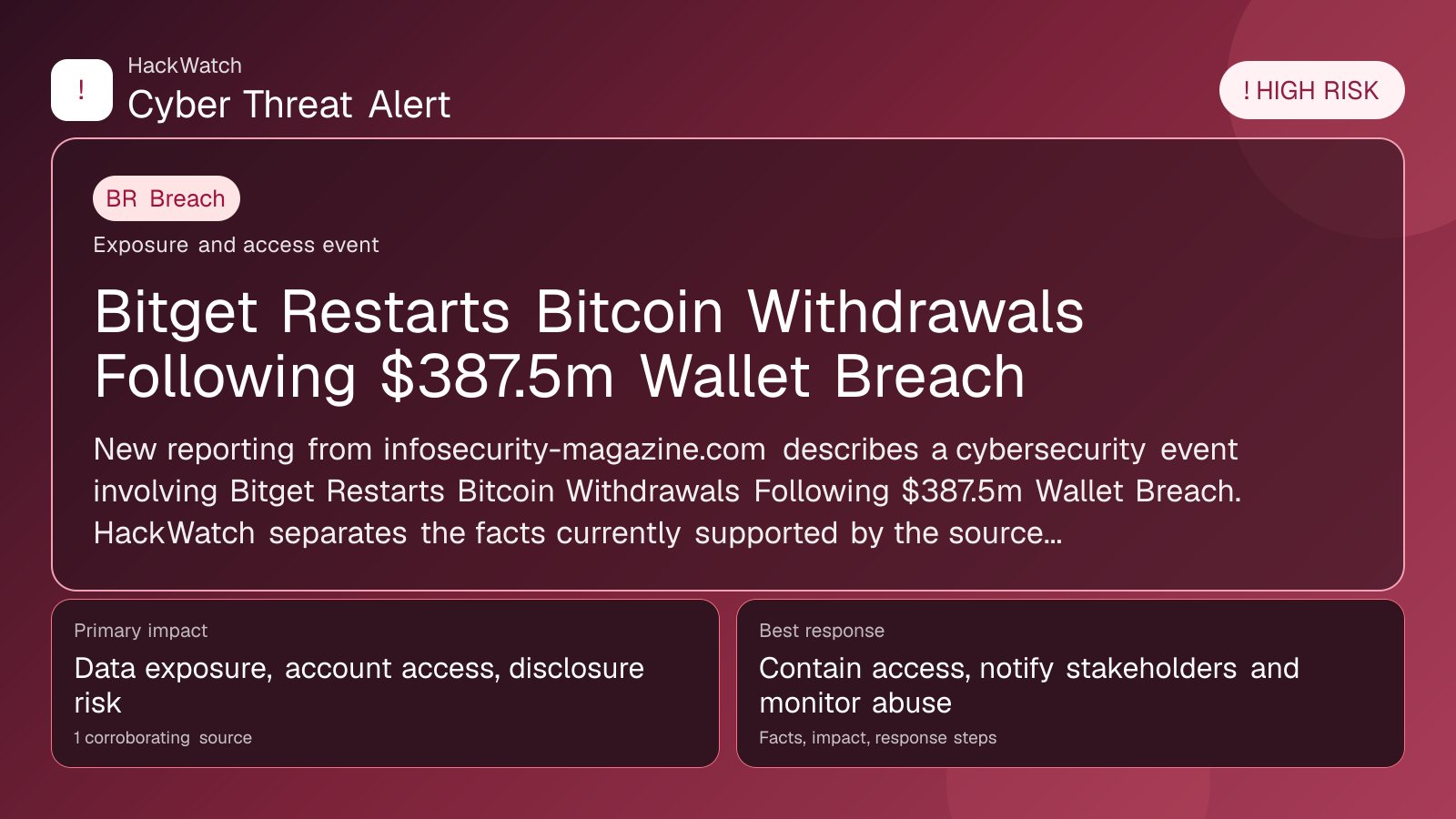 Bitget Restarts Bitcoin Withdrawals Following $387.5m Wallet Breach - HackWatch breach alert image
