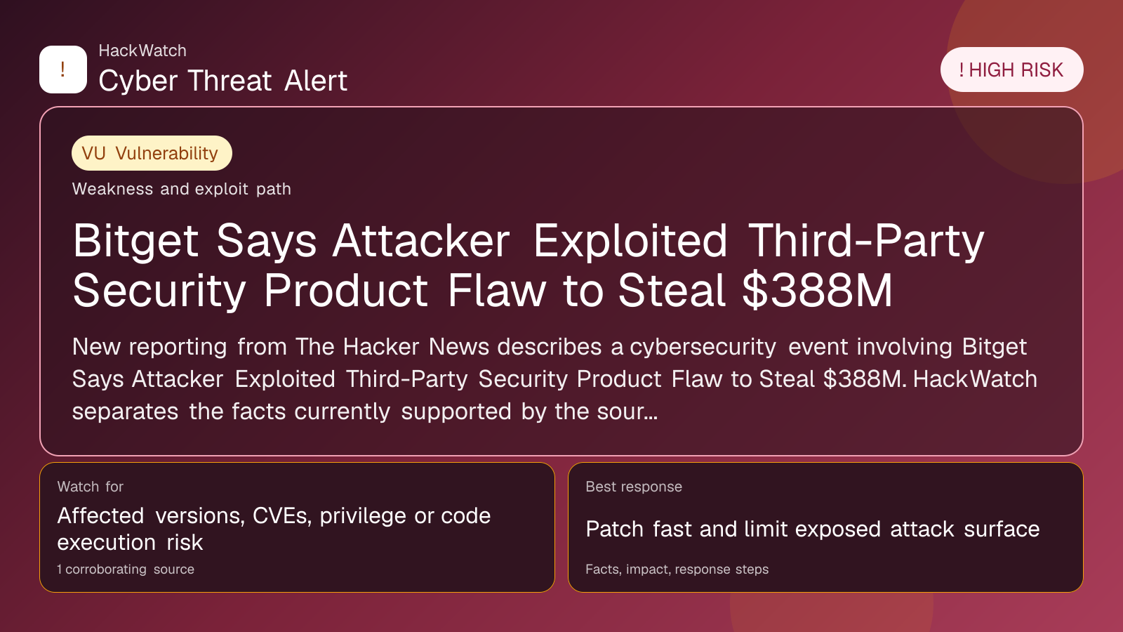 Bitget Says Attacker Exploited Third-Party Security Product Flaw to Steal $388M - HackWatch vulnerability alert image