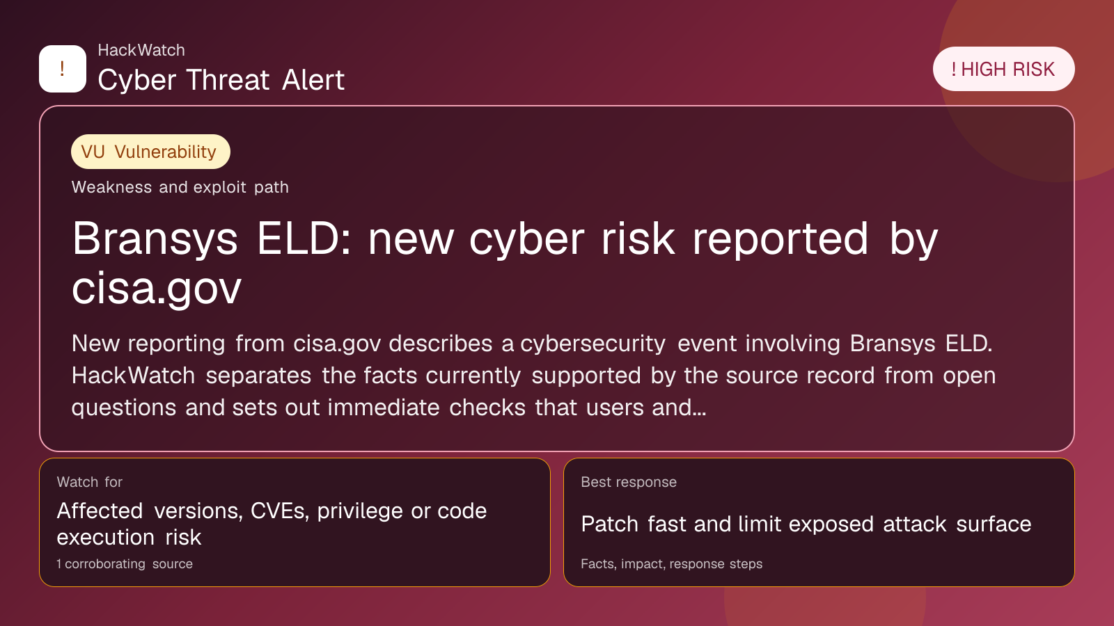 Bransys ELD: new cyber risk reported by cisa.gov - HackWatch vulnerability alert image