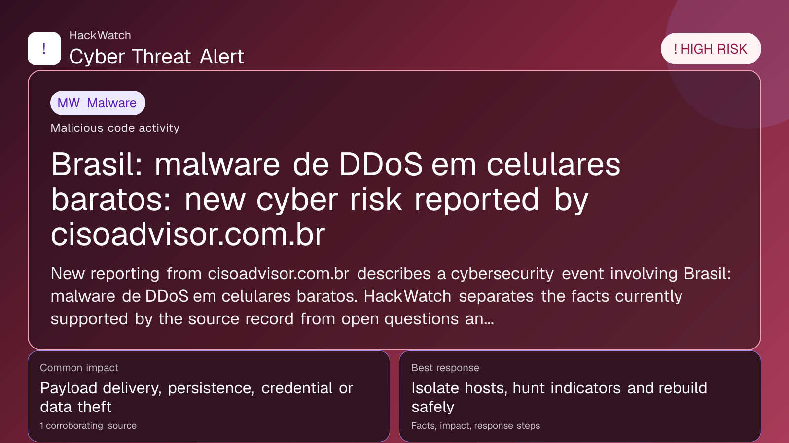 Brasil: malware de DDoS em celulares baratos: new cyber risk reported by cisoadvisor.com.br - HackWatch malware alert image