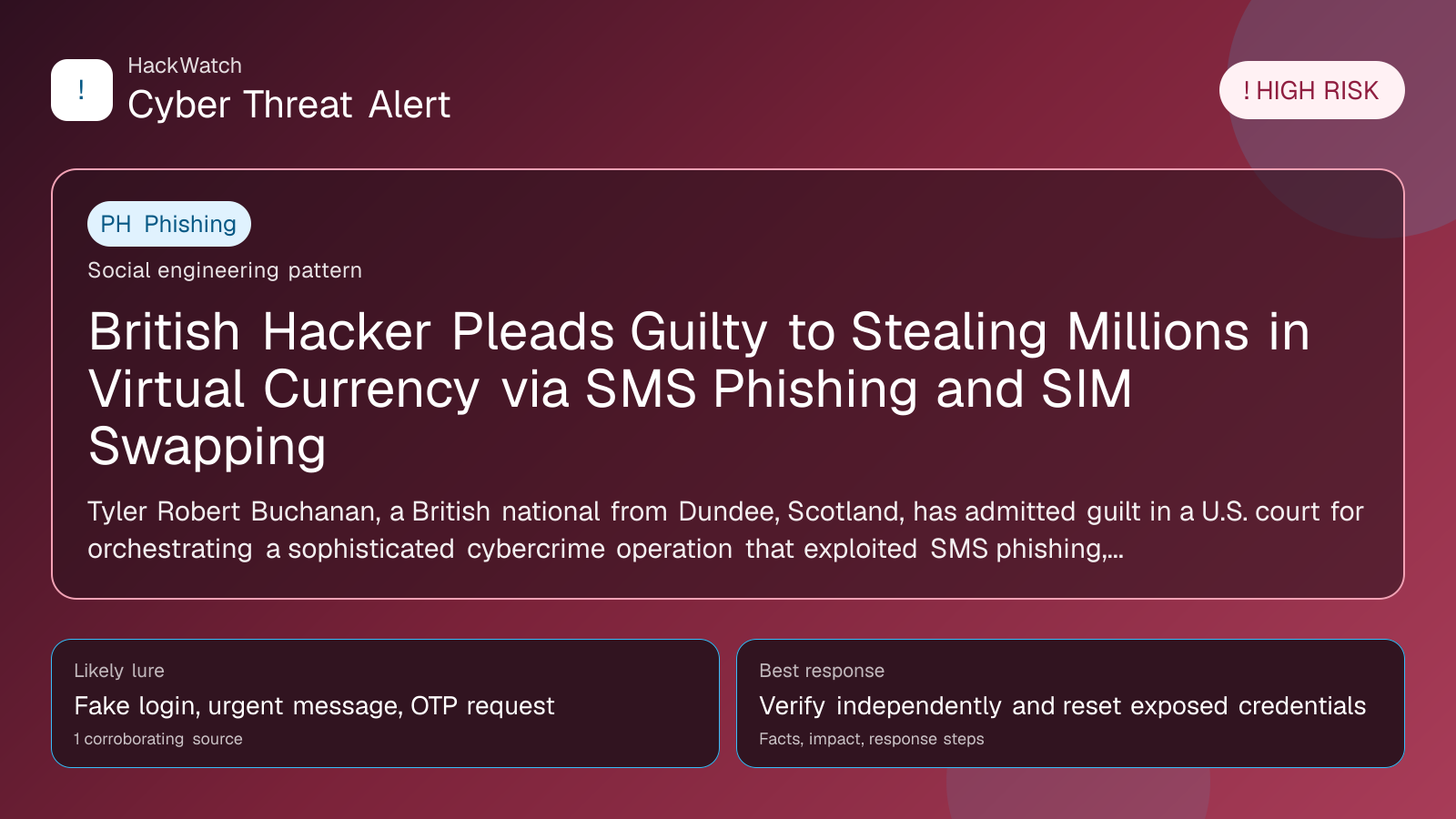 British Hacker Pleads Guilty to Stealing Millions in Virtual Currency via SMS Phishing and SIM Swapping - HackWatch phishing alert image