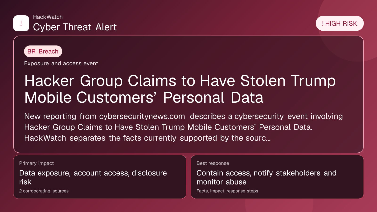 Hacker Group Claims to Have Stolen Trump Mobile Customers’ Personal Data - HackWatch breach alert image