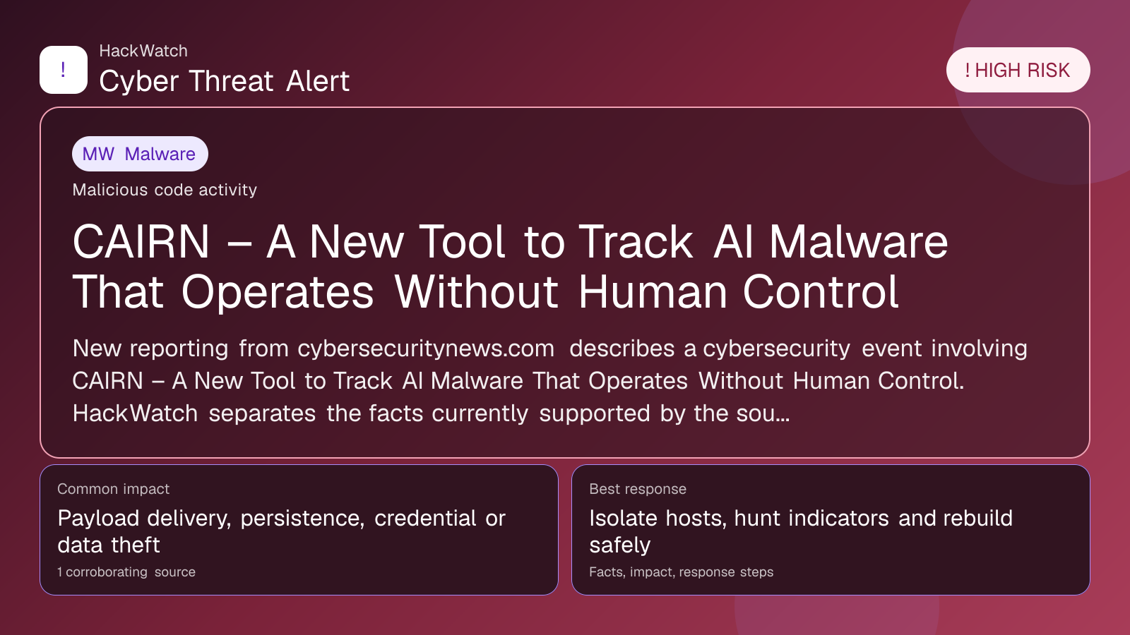 CAIRN – A New Tool to Track AI Malware That Operates Without Human Control - HackWatch malware alert image
