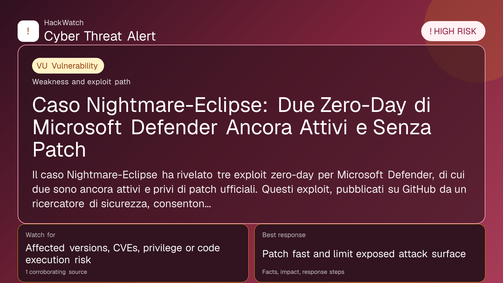 Caso Nightmare-Eclipse: Due Zero-Day di Microsoft Defender Ancora Attivi e Senza Patch - HackWatch vulnerability alert image