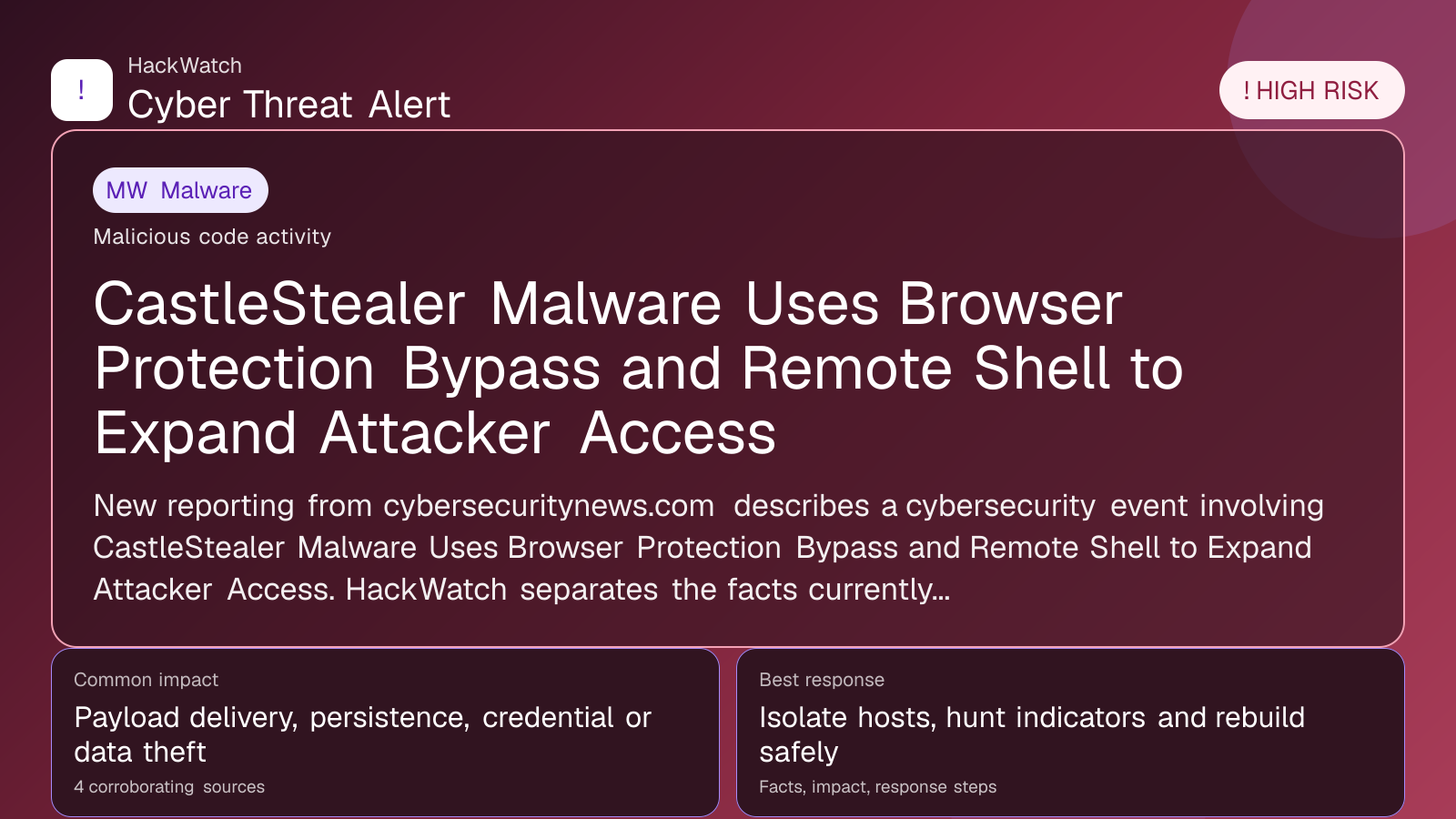 CastleStealer Malware Uses Browser Protection Bypass and Remote Shell to Expand Attacker Access - HackWatch malware alert image