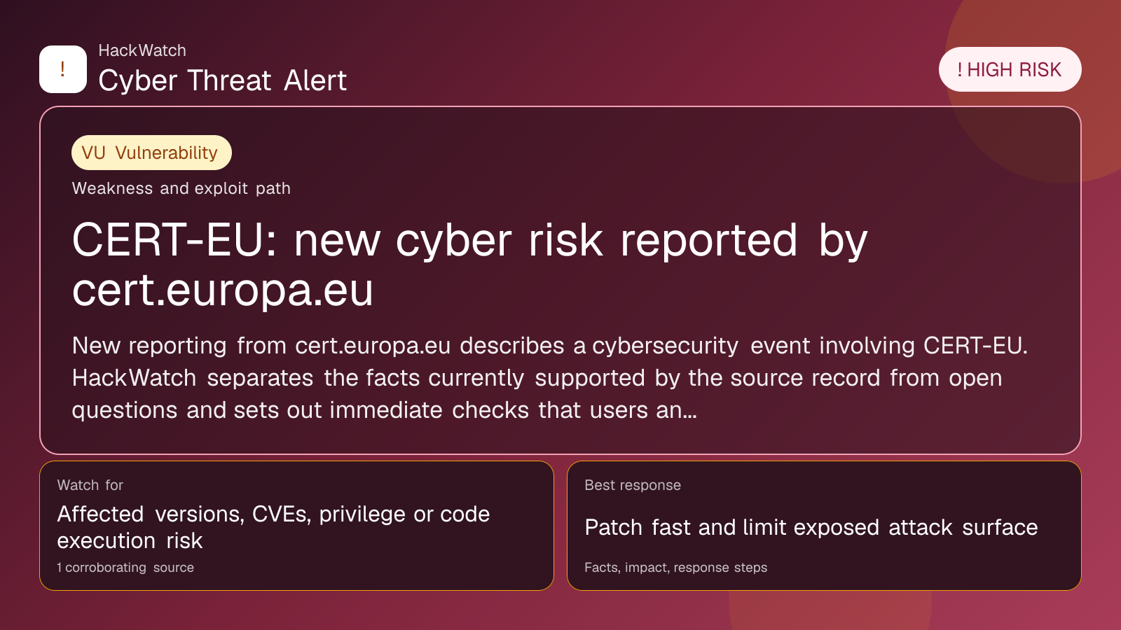 CERT-EU: new cyber risk reported by cert.europa.eu - HackWatch vulnerability alert image