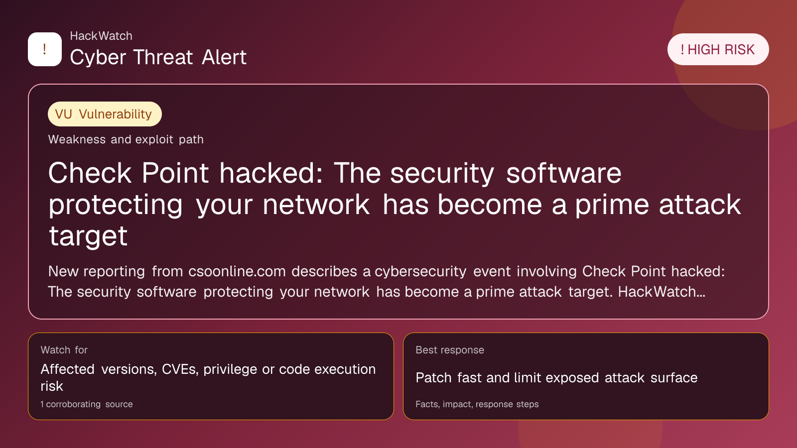 Check Point hacked: The security software protecting your network has become a prime attack target - HackWatch vulnerability alert image