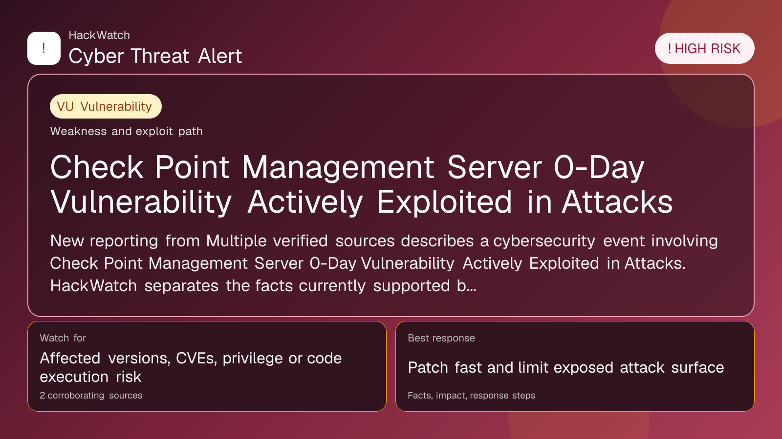 Check Point Management Server 0-Day Vulnerability Actively Exploited in Attacks - HackWatch vulnerability alert image