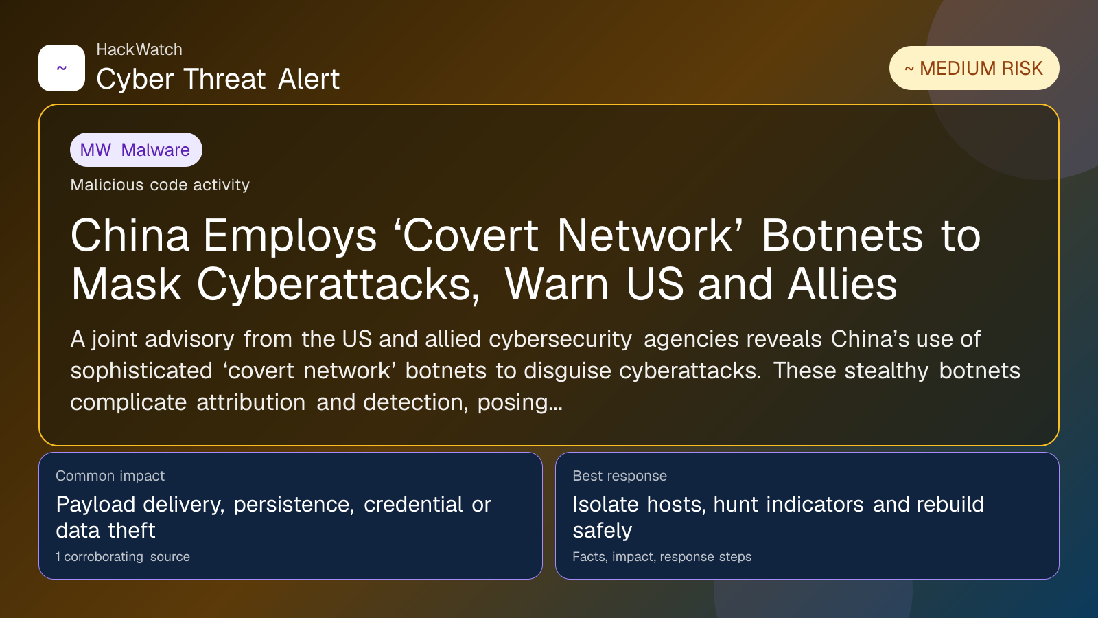 China Employs ‘Covert Network’ Botnets to Mask Cyberattacks, Warn US and Allies - HackWatch malware alert image