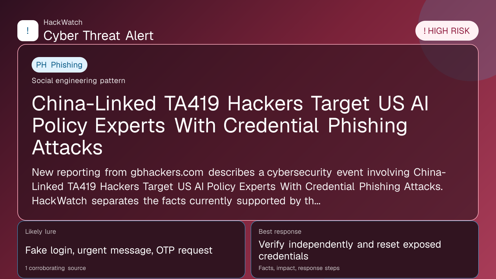 China-Linked TA419 Hackers Target US AI Policy Experts With Credential Phishing Attacks - HackWatch phishing alert image