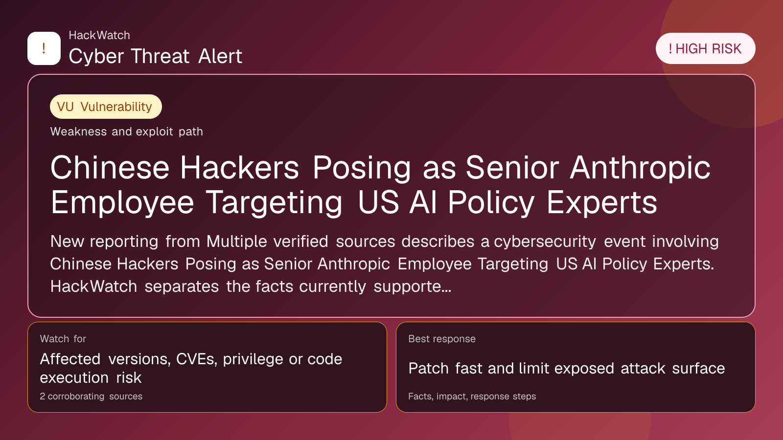 Chinese Hackers Posing as Senior Anthropic Employee Targeting US AI Policy Experts - HackWatch vulnerability alert image