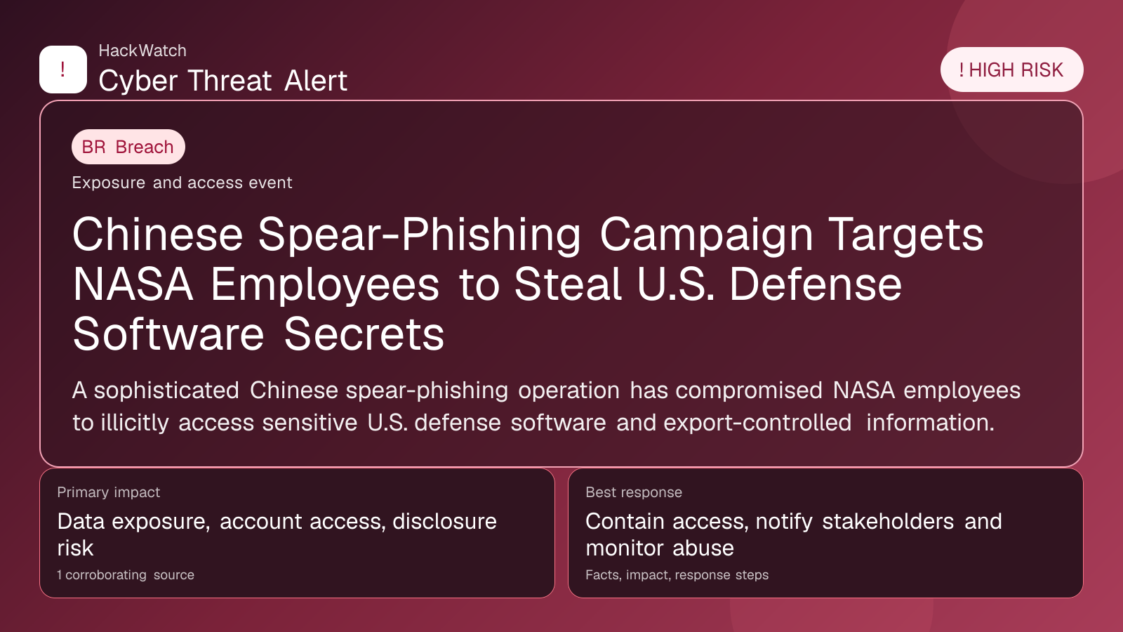 Chinese Spear-Phishing Campaign Targets NASA Employees to Steal U.S. Defense Software Secrets - HackWatch breach alert image