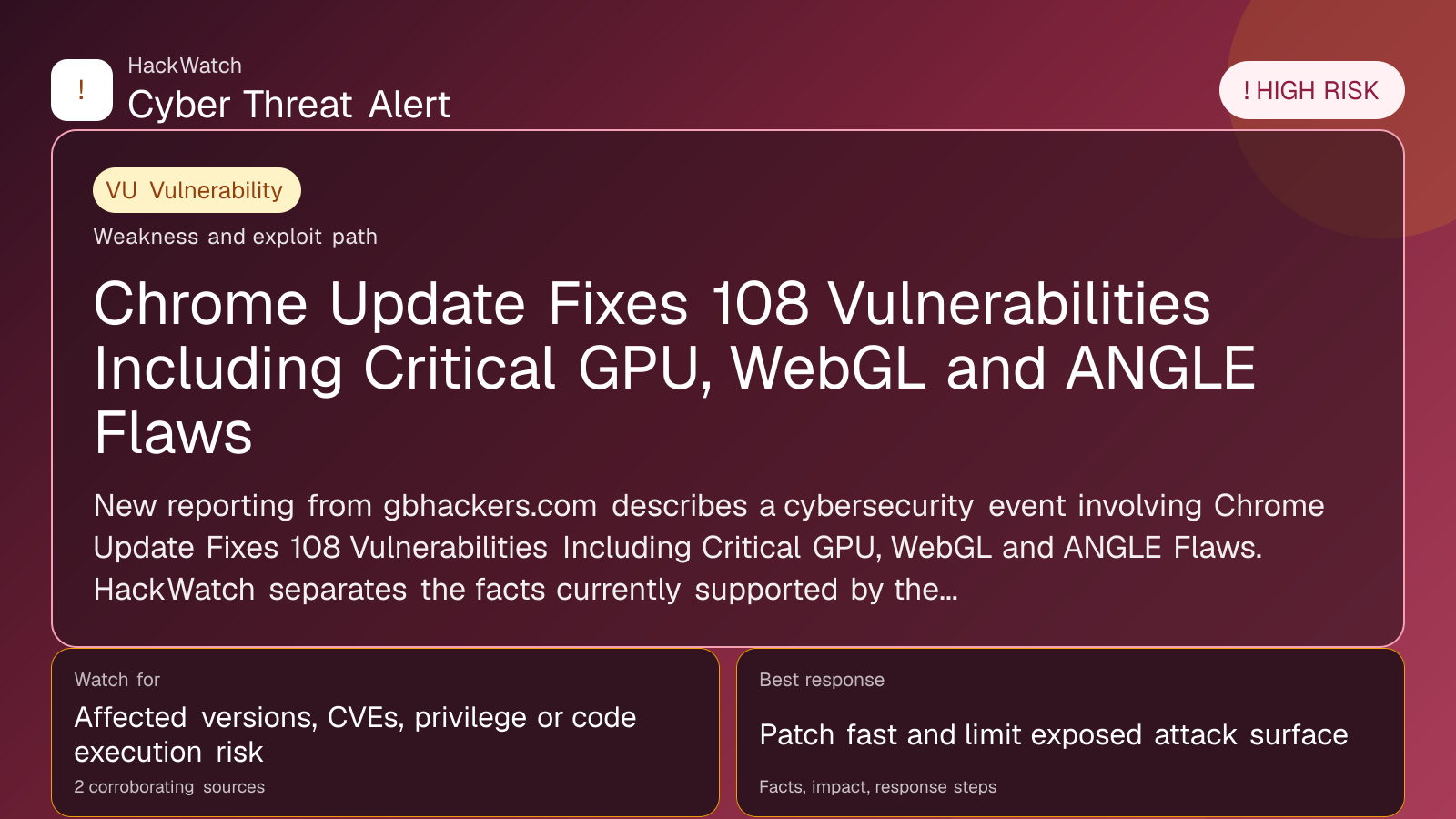 Chrome Update Fixes 108 Vulnerabilities Including Critical GPU, WebGL and ANGLE Flaws - HackWatch vulnerability alert image