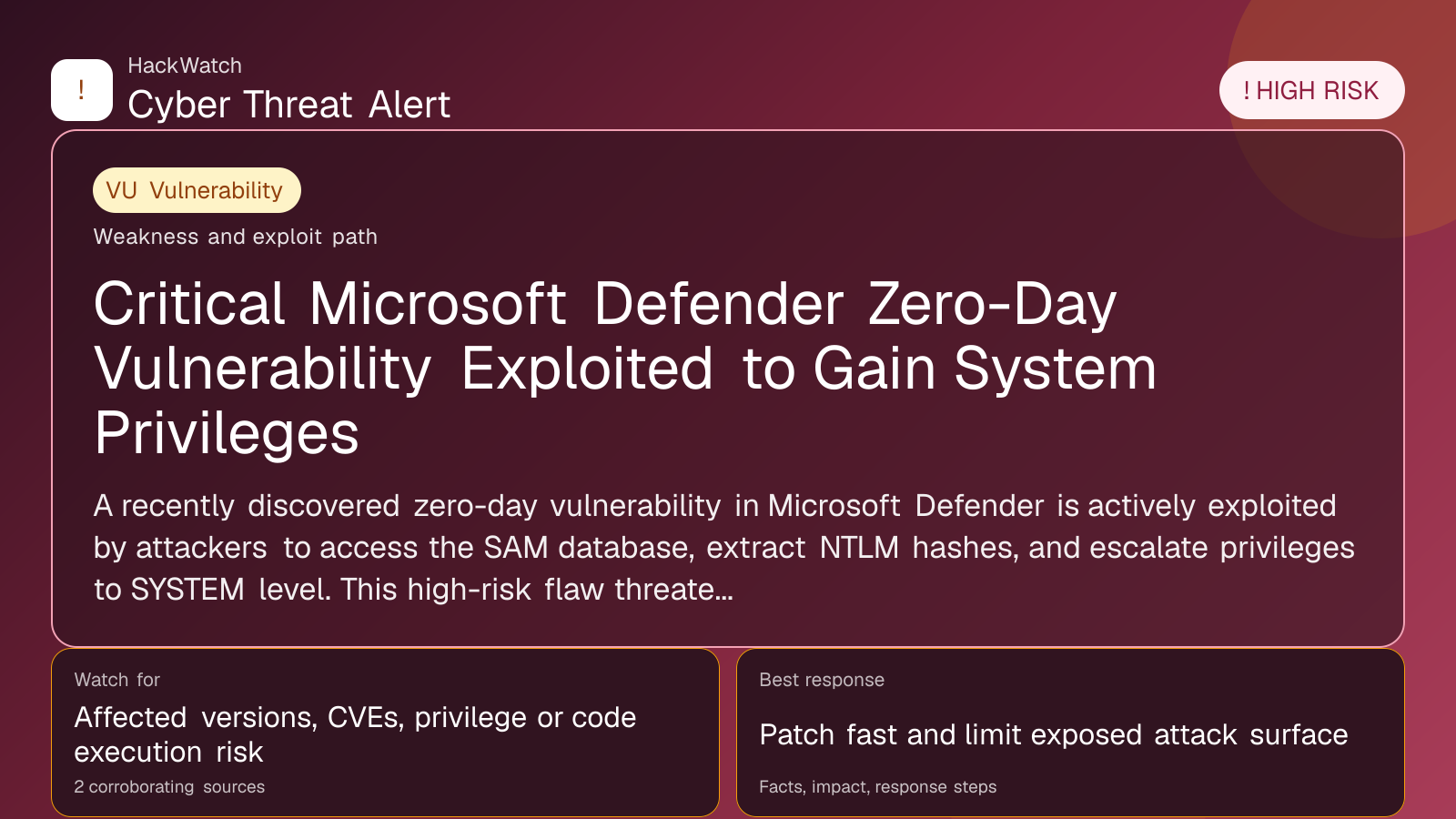 Critical Microsoft Defender Zero-Day Vulnerability Exploited to Gain System Privileges - HackWatch vulnerability alert image