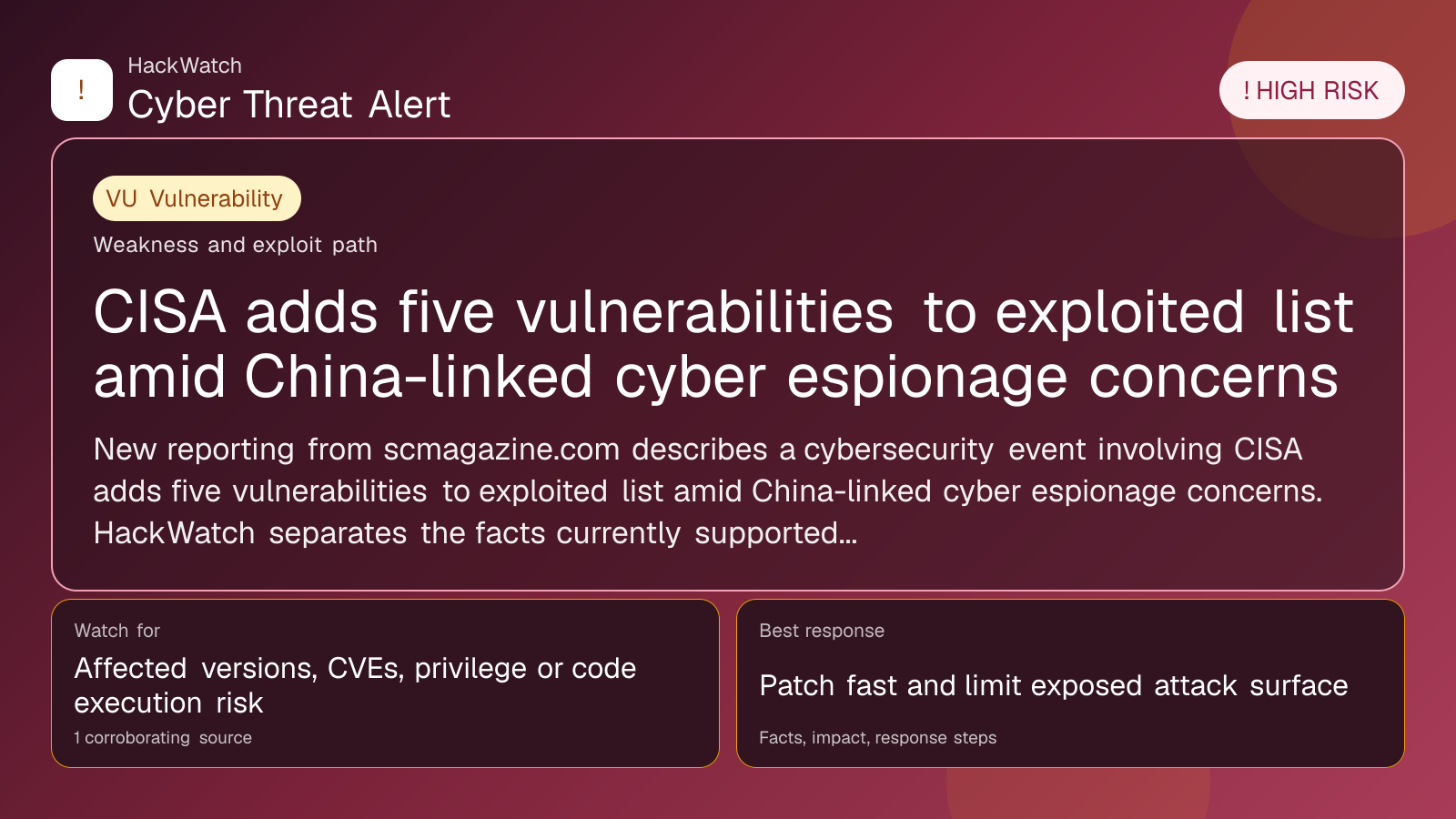 CISA adds five vulnerabilities to exploited list amid China-linked cyber espionage concerns - HackWatch vulnerability alert image