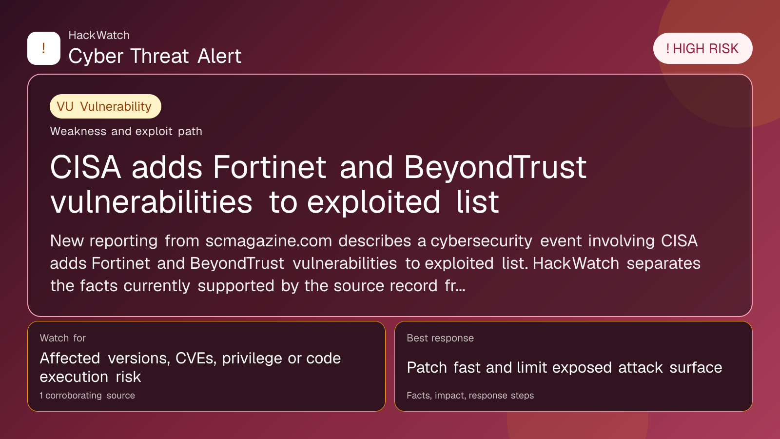 CISA adds Fortinet and BeyondTrust vulnerabilities to exploited list - HackWatch vulnerability alert image