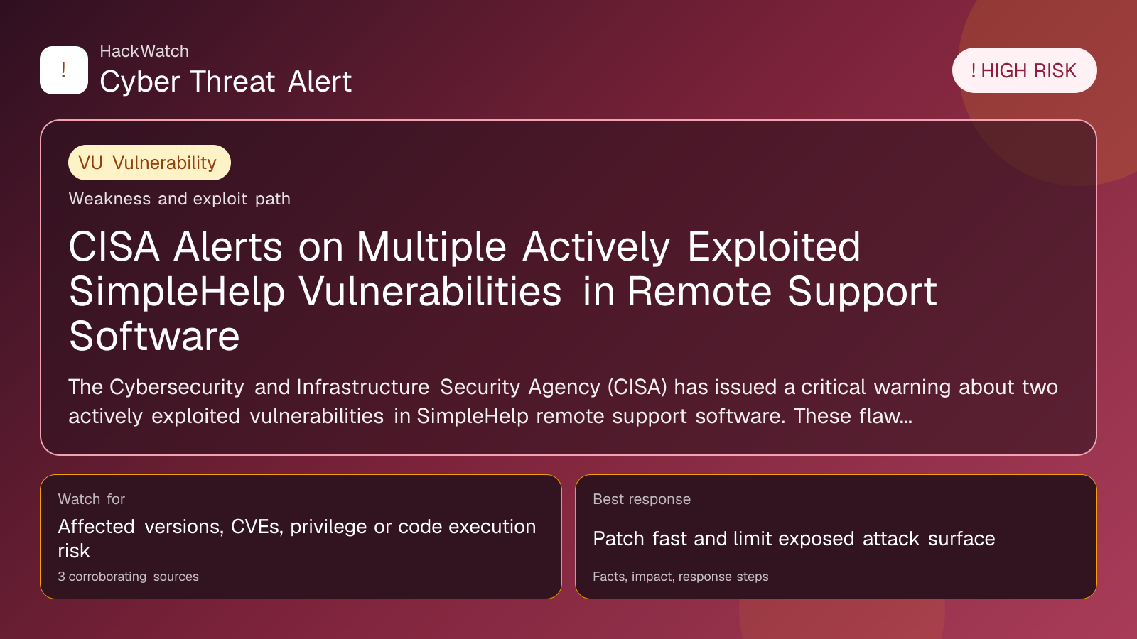 CISA Alerts on Multiple Actively Exploited SimpleHelp Vulnerabilities in Remote Support Software - HackWatch vulnerability alert image