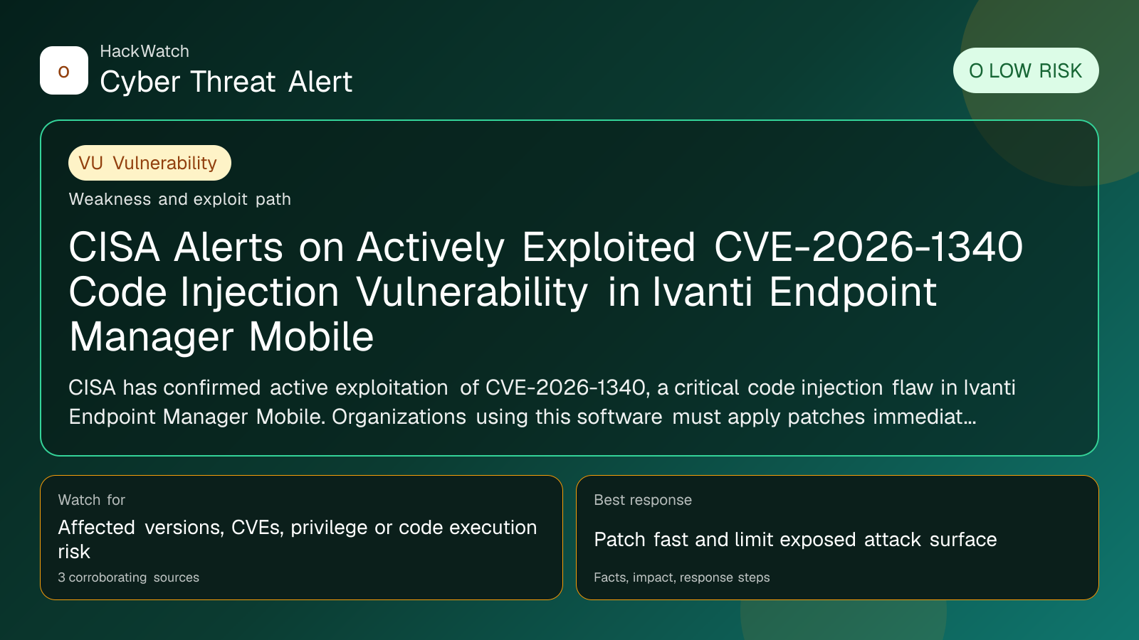 CISA Alerts on Actively Exploited CVE-2026-1340 Code Injection Vulnerability in Ivanti Endpoint Manager Mobile - HackWatch vulnerability alert image