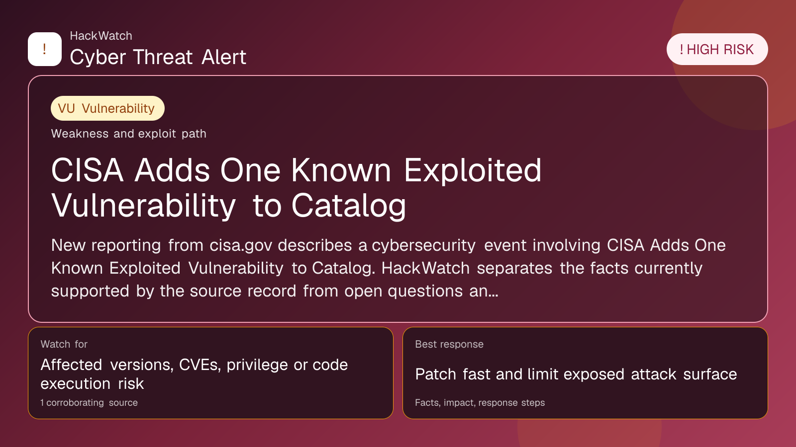 CISA Adds One Known Exploited Vulnerability to Catalog - HackWatch vulnerability alert image