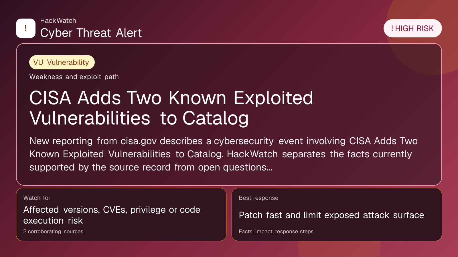 CISA Adds Two Known Exploited Vulnerabilities to Catalog - HackWatch vulnerability alert image