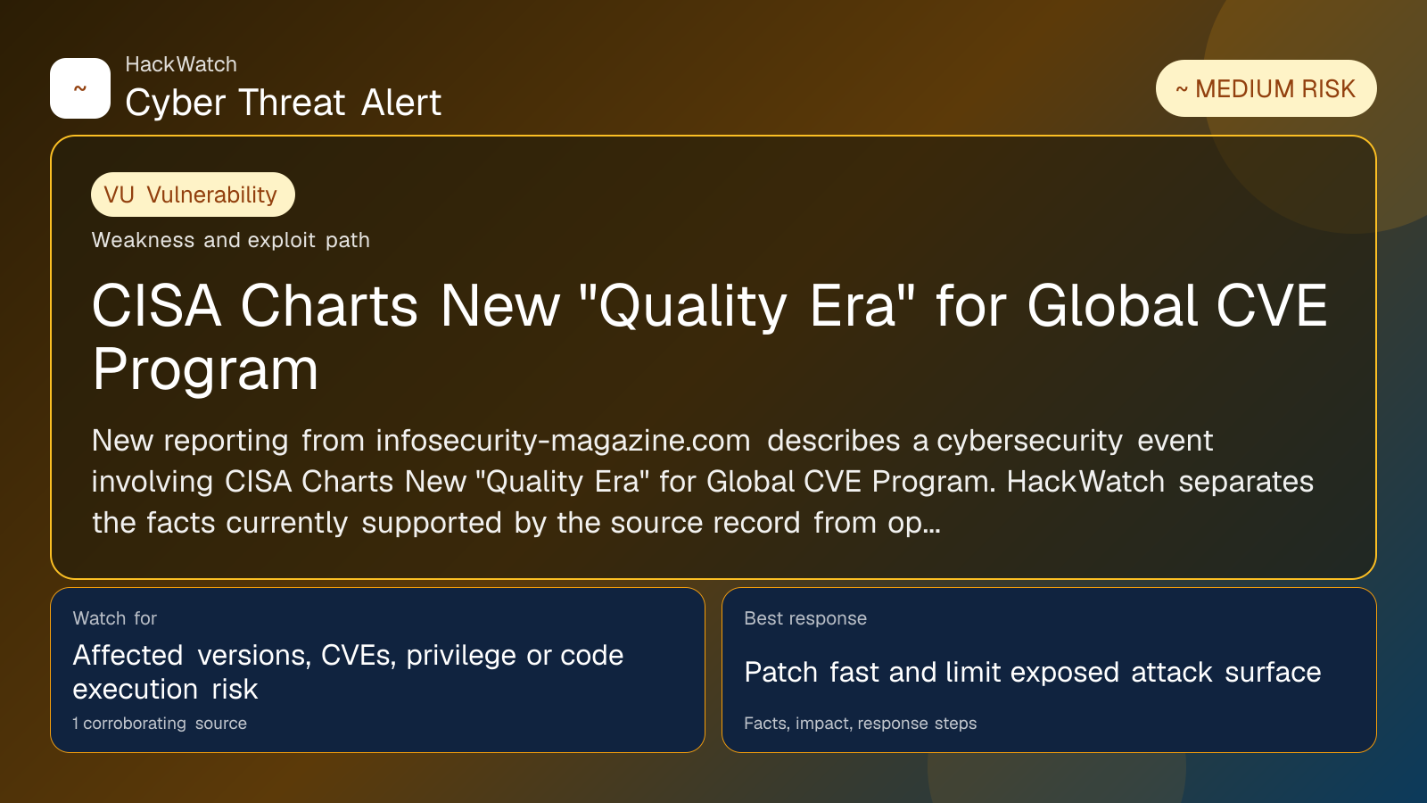 CISA Charts New "Quality Era" for Global CVE Program - HackWatch vulnerability alert image