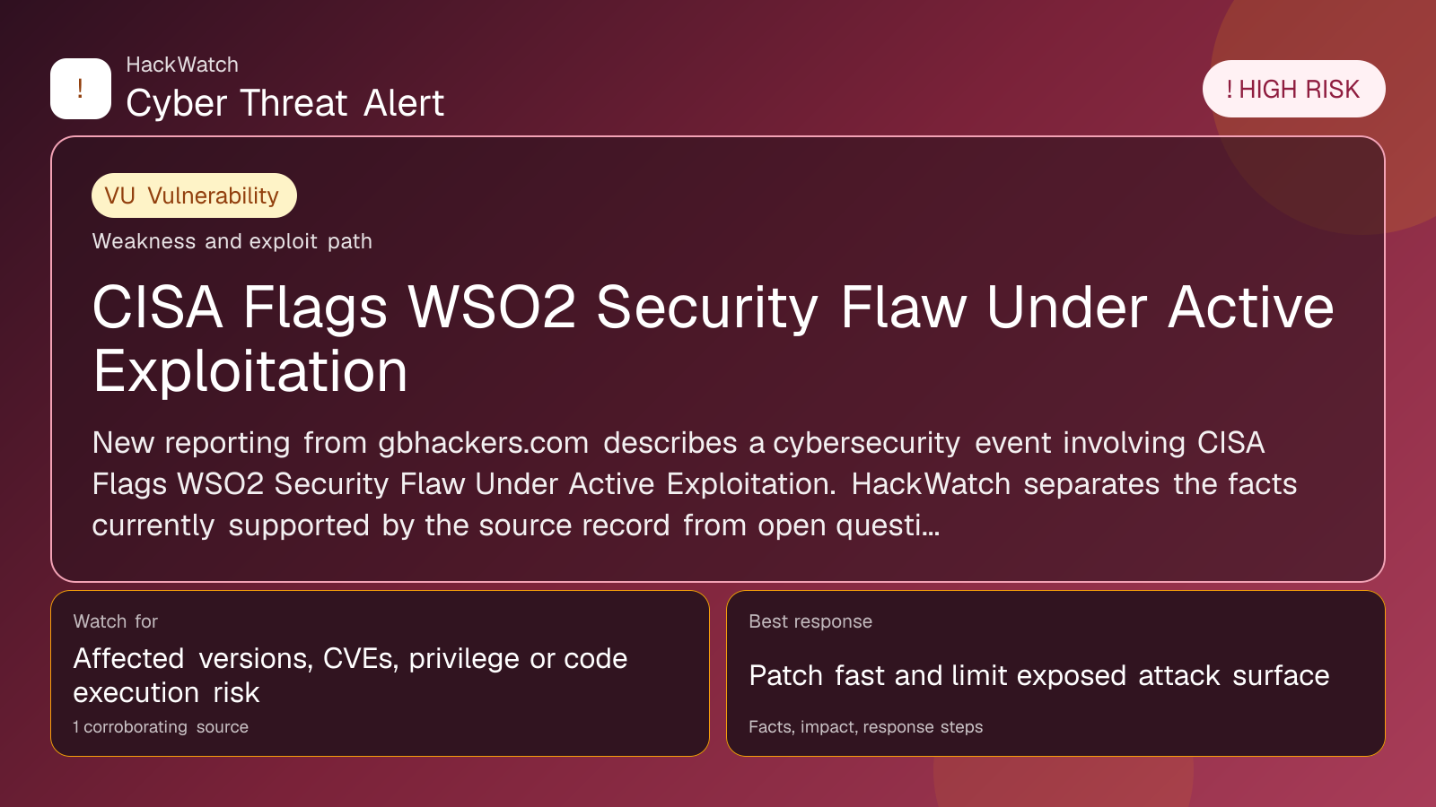 CISA Flags WSO2 Security Flaw Under Active Exploitation - HackWatch vulnerability alert image