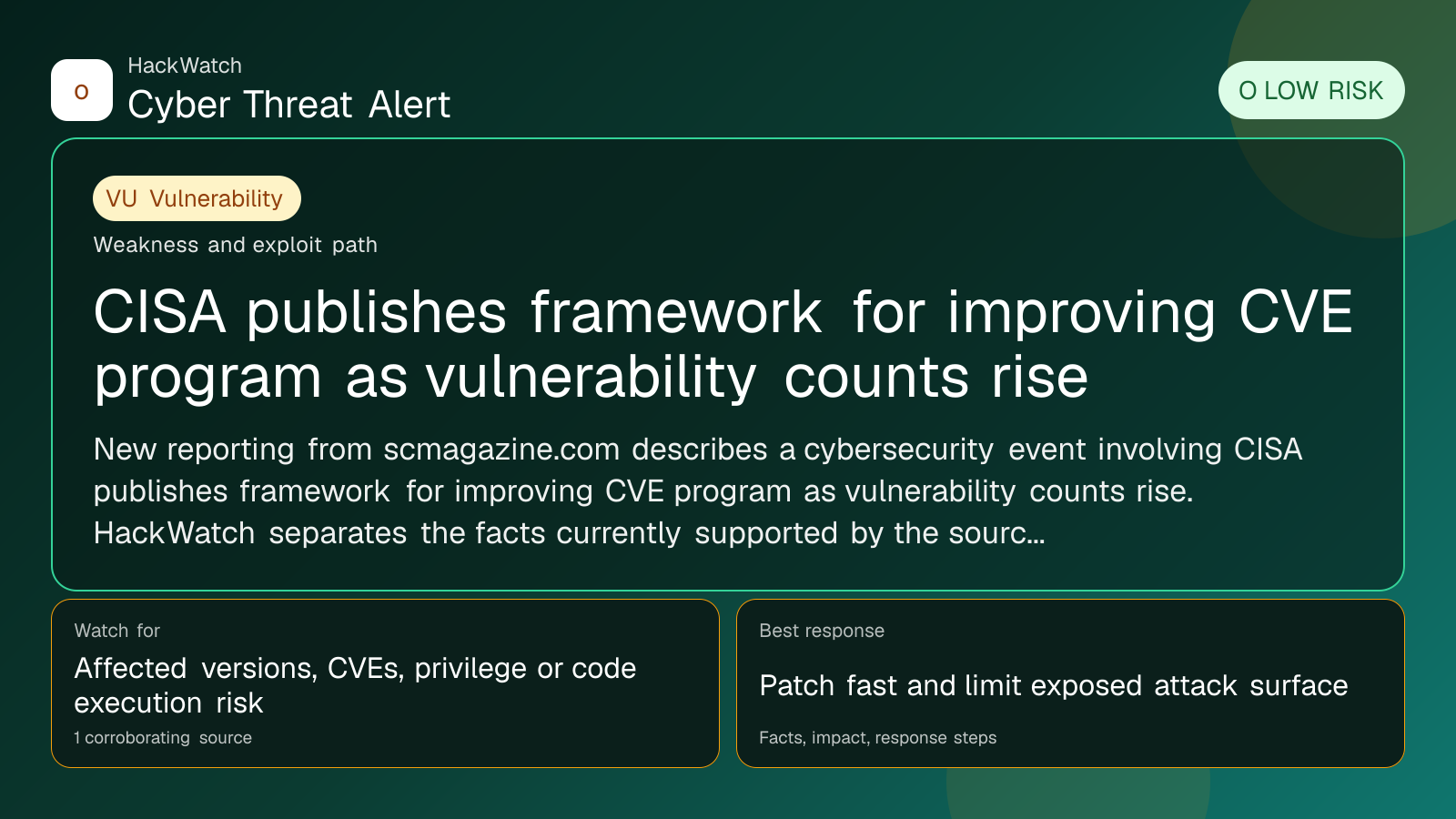 CISA publishes framework for improving CVE program as vulnerability counts rise - HackWatch vulnerability alert image