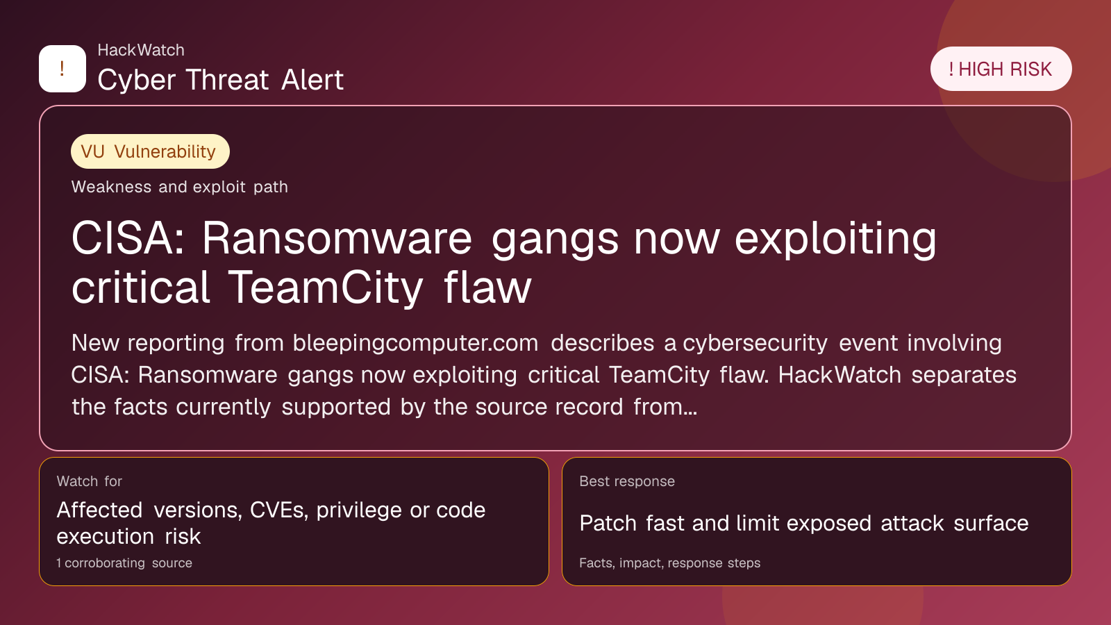 CISA: Ransomware gangs now exploiting critical TeamCity flaw - HackWatch vulnerability alert image
