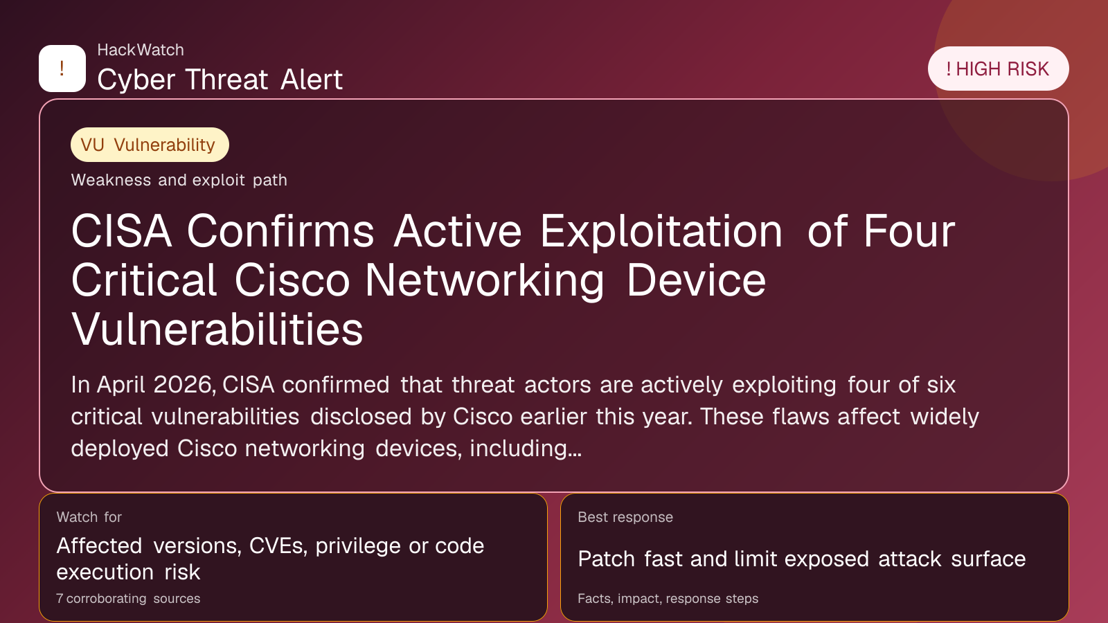 CISA Confirms Active Exploitation of Four Critical Cisco Networking Device Vulnerabilities - HackWatch vulnerability alert image