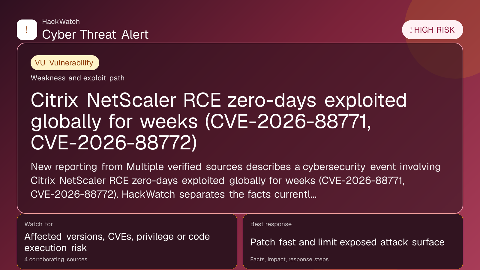 Citrix NetScaler RCE zero-days exploited globally for weeks (CVE-2026-88771, CVE-2026-88772) - HackWatch vulnerability alert image