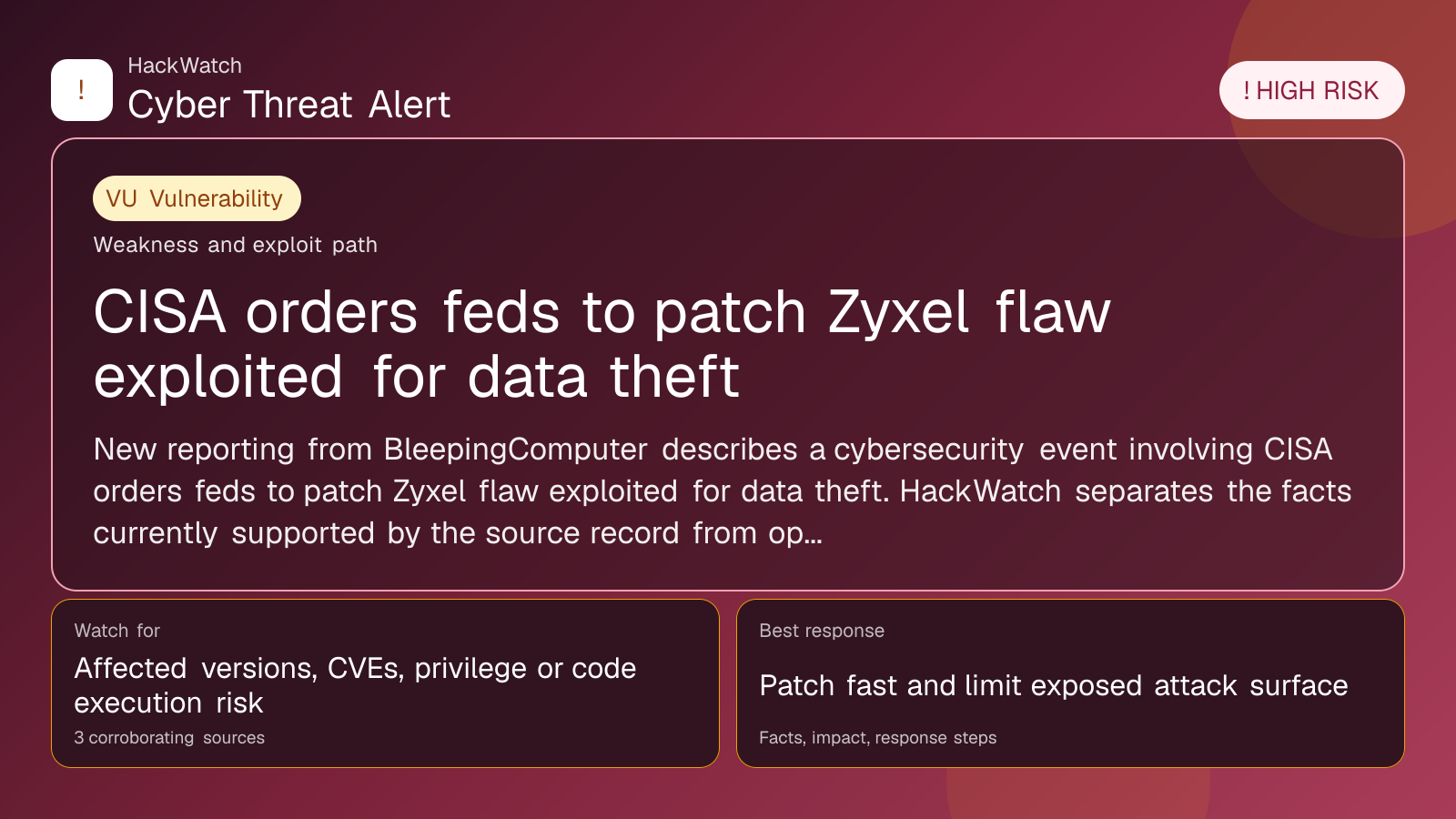 CISA Warns of Zyxel GS1900 Switches Flaw Actively Exploited in Attacks - HackWatch vulnerability alert image