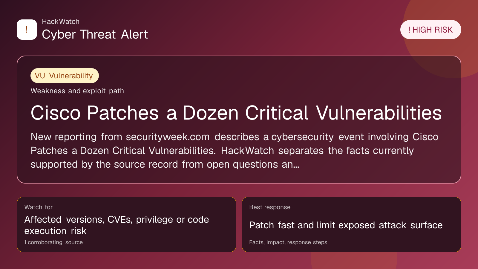 Cisco Patches a Dozen Critical Vulnerabilities - HackWatch vulnerability alert image