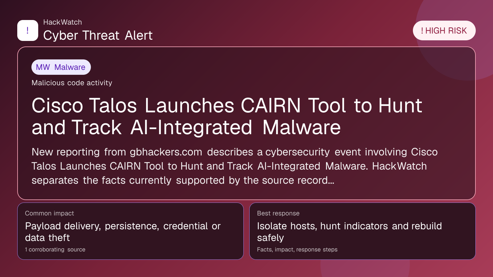 Cisco Talos Launches CAIRN Tool to Hunt and Track AI-Integrated Malware - HackWatch malware alert image