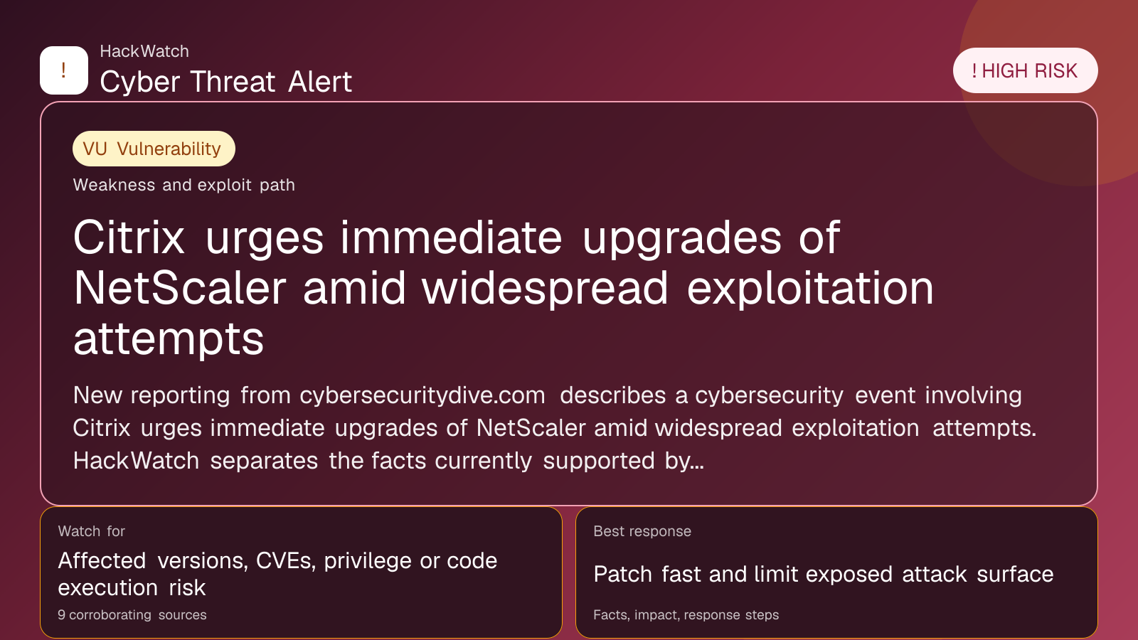 Citrix urges immediate upgrades of NetScaler amid widespread exploitation attempts - HackWatch vulnerability alert image