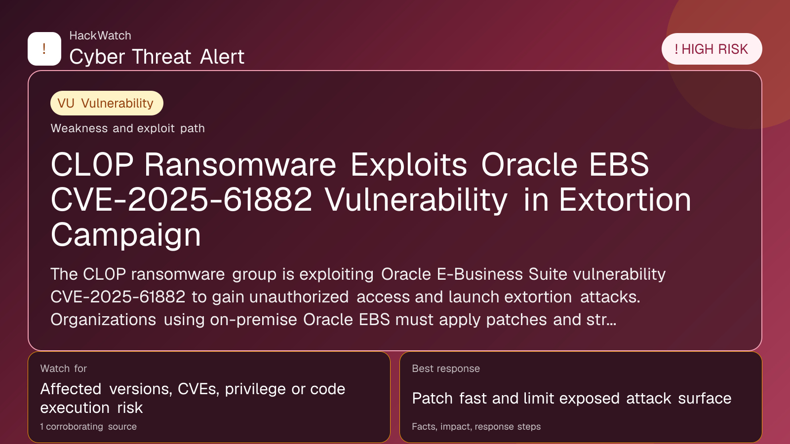 CL0P Ransomware Exploits Oracle EBS CVE-2025-61882 Vulnerability in Extortion Campaign - HackWatch vulnerability alert image