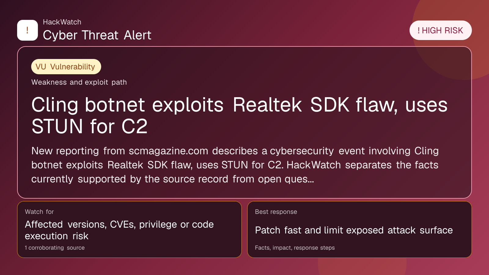 Cling botnet exploits Realtek SDK flaw, uses STUN for C2 - HackWatch vulnerability alert image