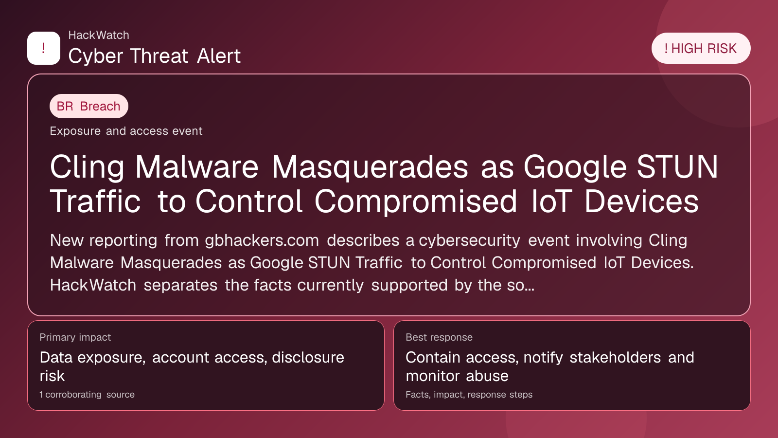 Cling Malware Masquerades as Google STUN Traffic to Control Compromised IoT Devices - HackWatch breach alert image
