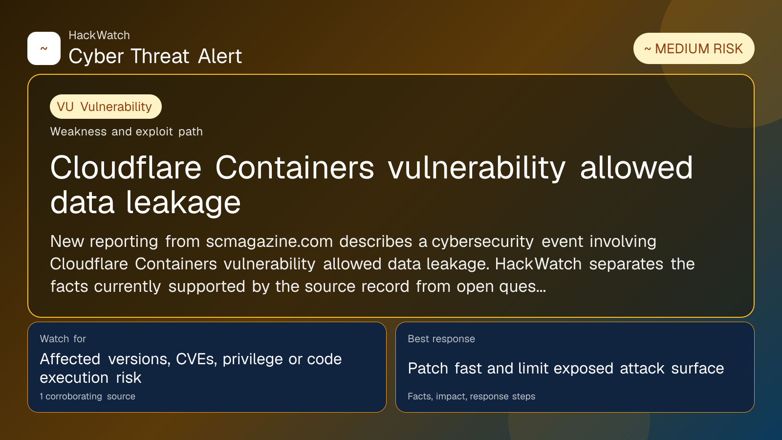 Cloudflare Containers vulnerability allowed data leakage - HackWatch vulnerability alert image