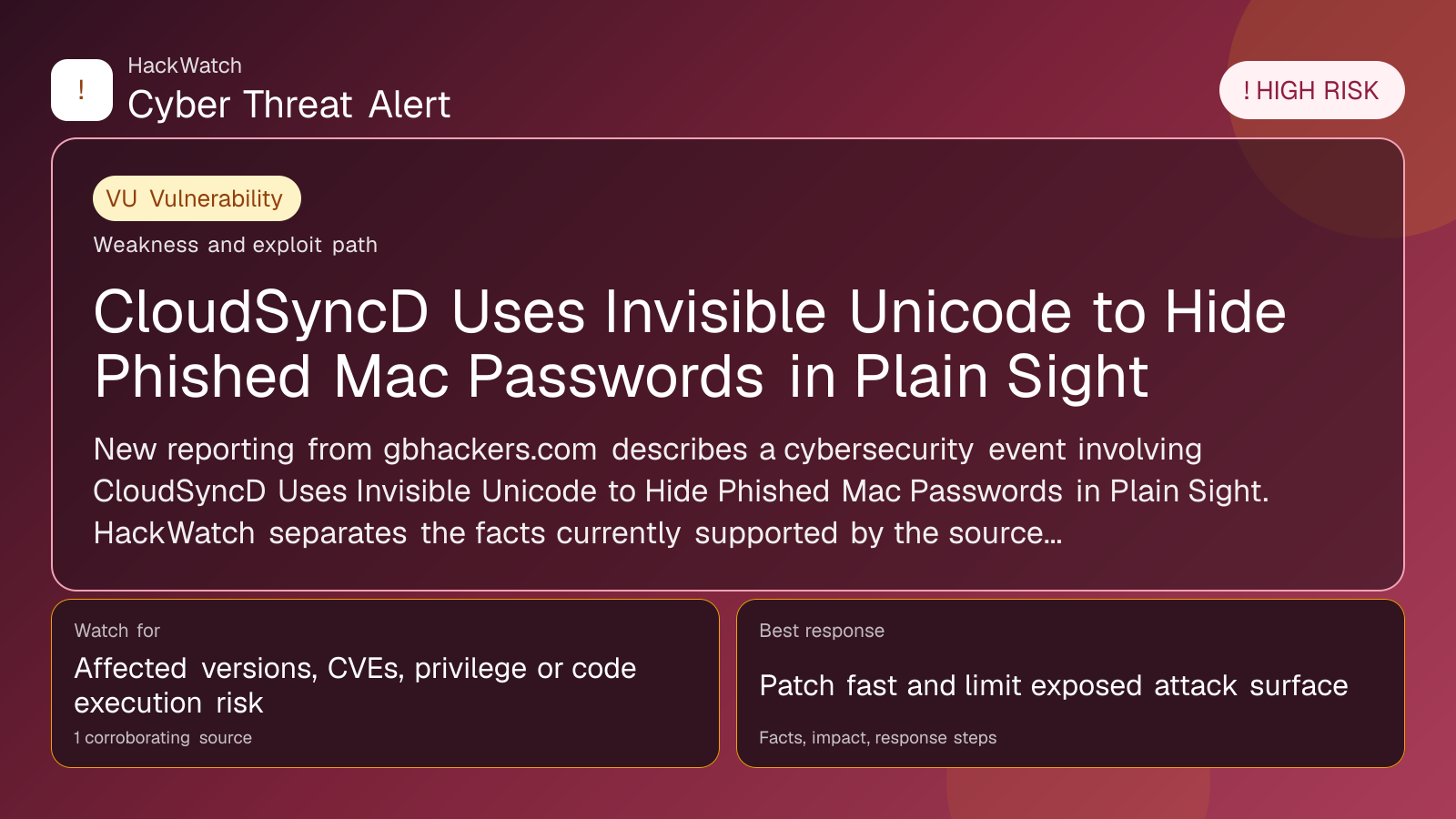 CloudSyncD Uses Invisible Unicode to Hide Phished Mac Passwords in Plain Sight - HackWatch vulnerability alert image