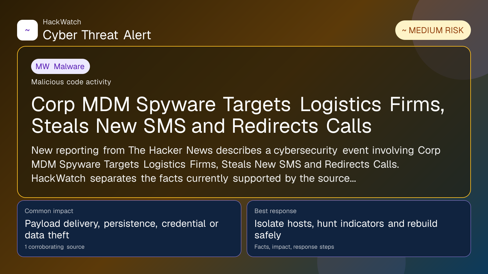 Corp MDM Spyware Targets Logistics Firms, Steals New SMS and Redirects Calls - HackWatch malware alert image