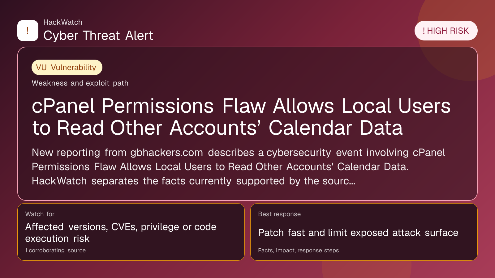 cPanel Permissions Flaw Allows Local Users to Read Other Accounts’ Calendar Data - HackWatch vulnerability alert image
