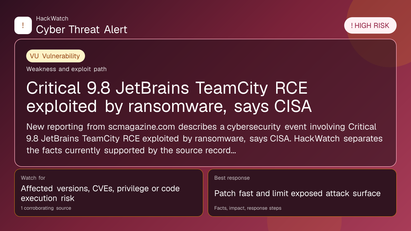 Critical 9.8 JetBrains TeamCity RCE exploited by ransomware, says CISA - HackWatch vulnerability alert image
