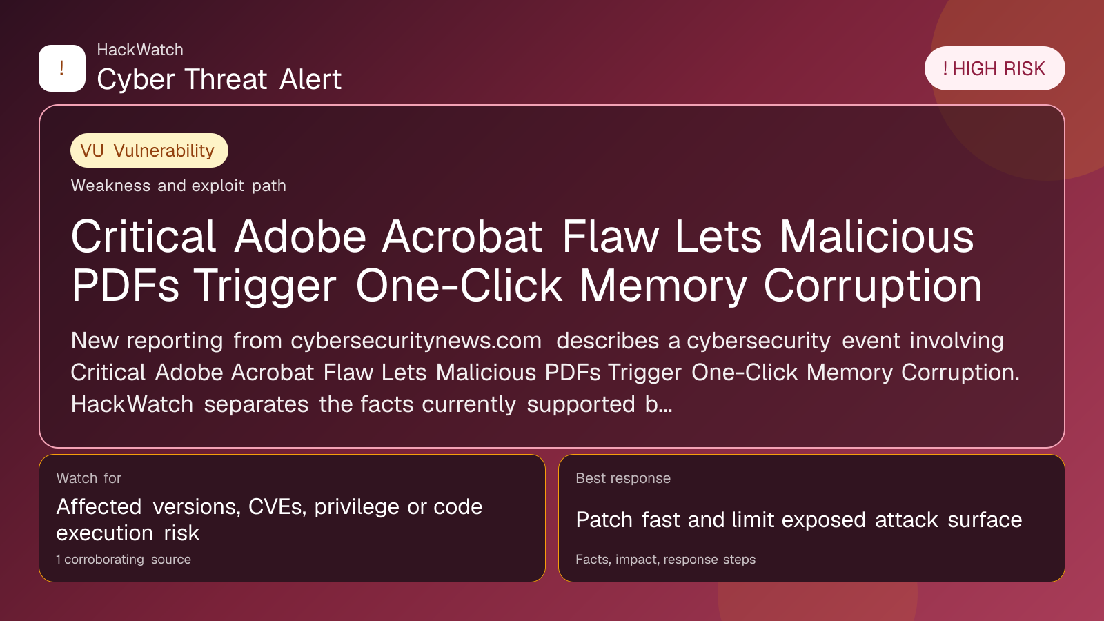 Critical Adobe Acrobat Flaw Lets Malicious PDFs Trigger One-Click Memory Corruption - HackWatch vulnerability alert image