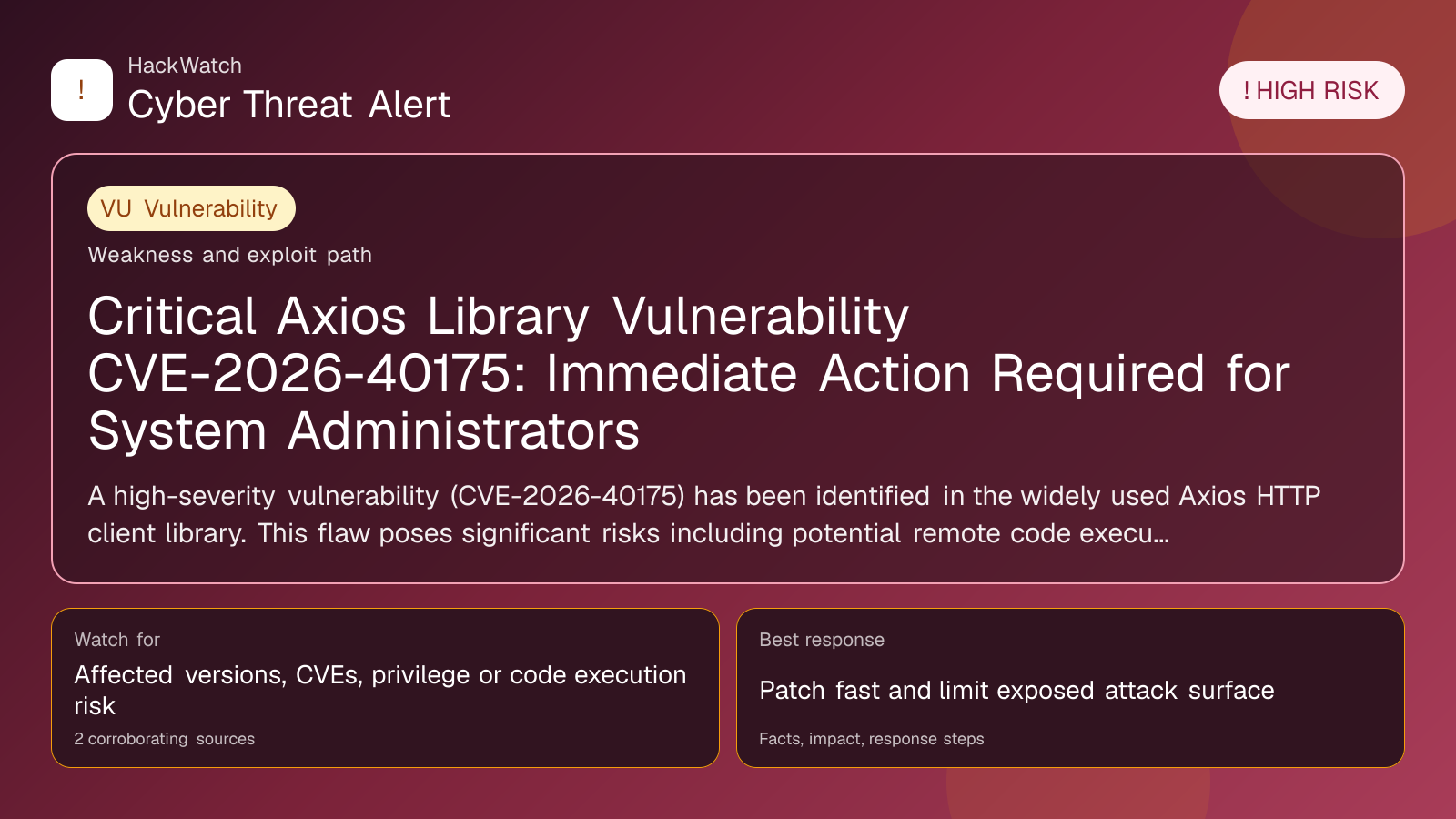 Critical Axios Library Vulnerability CVE-2026-40175: Immediate Action Required for System Administrators - HackWatch vulnerability alert image