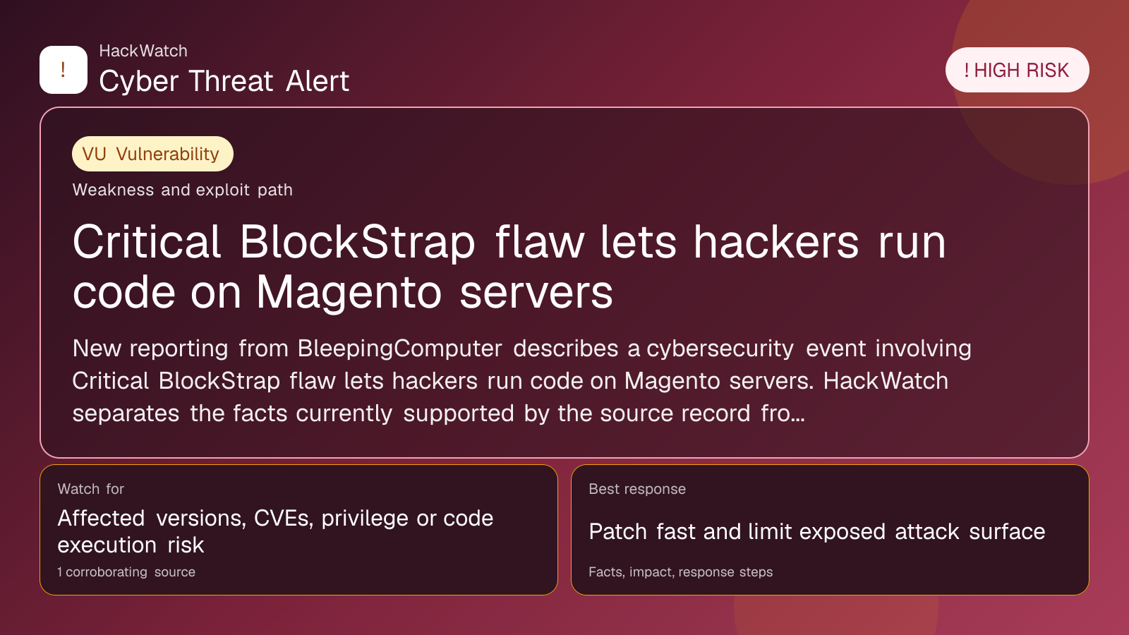Critical BlockStrap flaw lets hackers run code on Magento servers - HackWatch vulnerability alert image