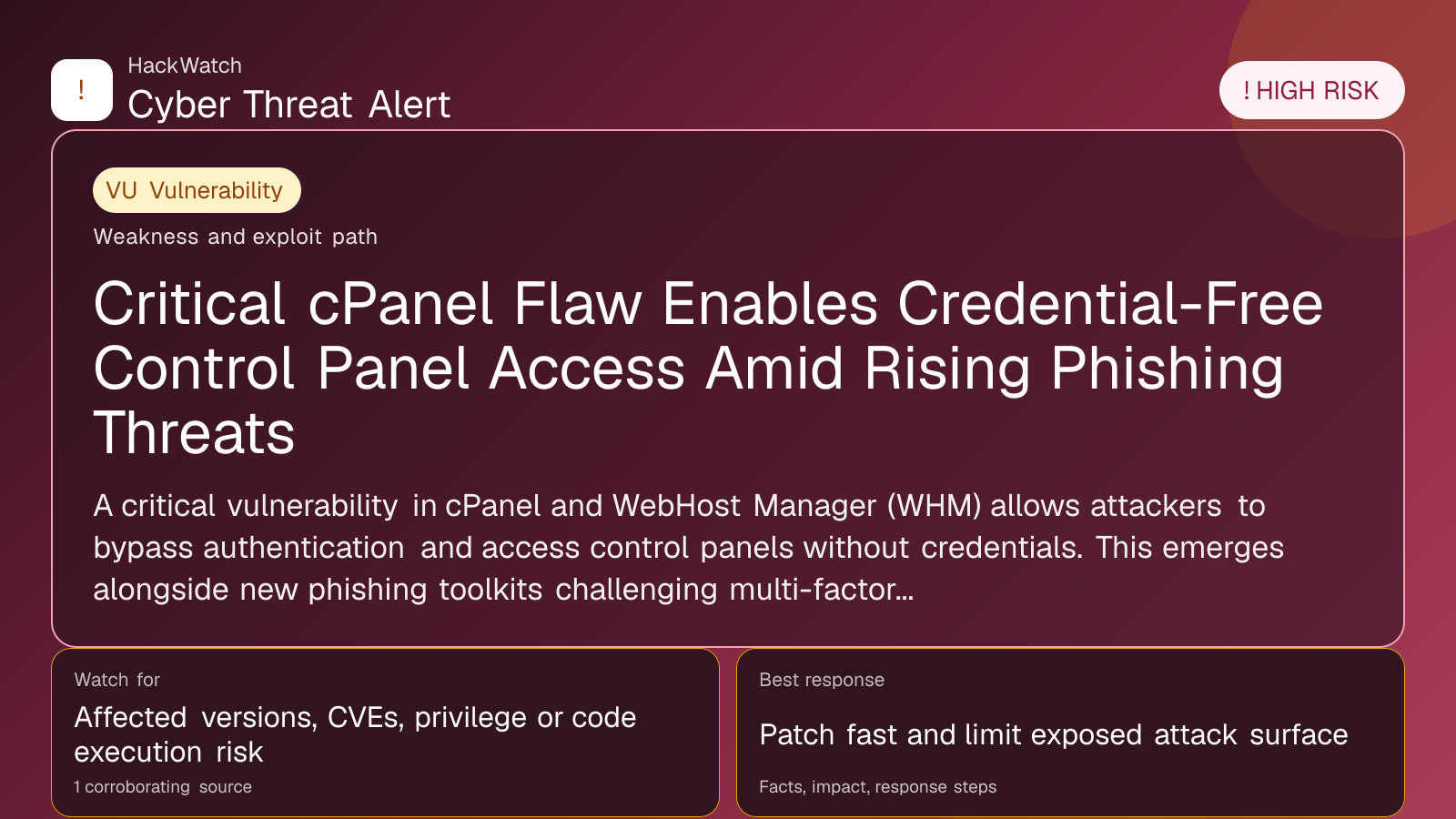 Critical cPanel Flaw Enables Credential-Free Control Panel Access Amid Rising Phishing Threats - HackWatch vulnerability alert image