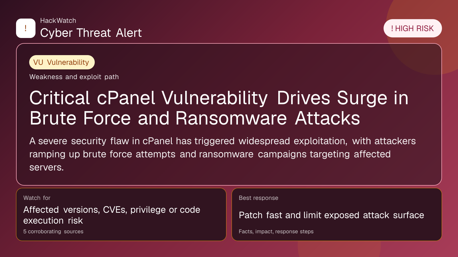 Critical cPanel Vulnerability Drives Surge in Brute Force and Ransomware Attacks - HackWatch vulnerability alert image